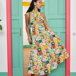 Celia B Multicolor Narmada Halter Retro Floral Pockets Midi Dress Womens Small